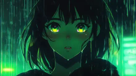 An anime girl with striking green eyes stands under a rain-soaked atmosphere, radiating emotion in this 4K Ultra HD wallpaper. Perfect for an immersive desktop background.