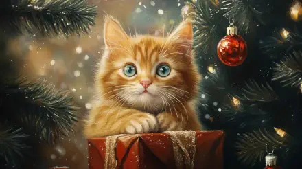 A charming orange kitten with bright blue eyes sits atop a red gift box, surrounded by festive decorations and Christmas trees, creating a cozy holiday atmosphere in this 4K Ultra HD wallpaper.
