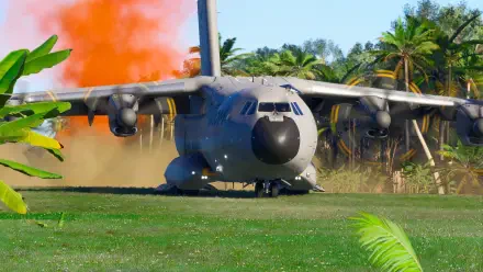 A stunning 4K Ultra HD image from Microsoft Flight Simulator 2024, showcasing a military aircraft landing amidst vibrant orange smoke in a tropical landscape.
