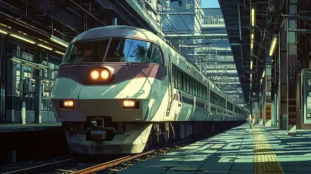 A sleek anime train awaits departure in a vibrant station, featuring intricate shadows and light, perfect for a 4K Ultra HD PC desktop wallpaper or background.