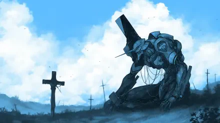 A dramatic HD wallpaper featuring Evangelion Unit-01 from Neon Genesis Evangelion, set against a blue sky with clouds and a few crosses in the background, exuding a powerful atmosphere.
