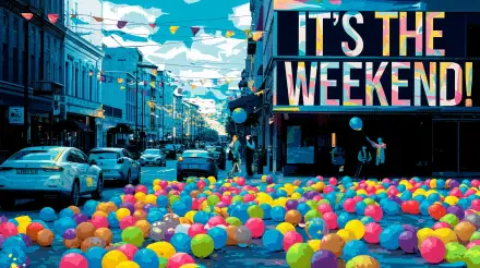 A vibrant street scene filled with colorful balloons and festive decorations, featuring the bold text It's the weekend! This 4K Ultra HD wallpaper captures a joyful atmosphere.