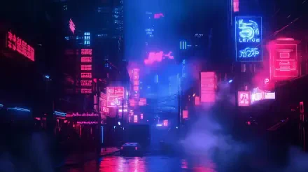 A 4K Ultra HD neon noir cityscape at night, featuring vibrant neon lights and cyberpunk aesthetics with glowing signs and misty streets.