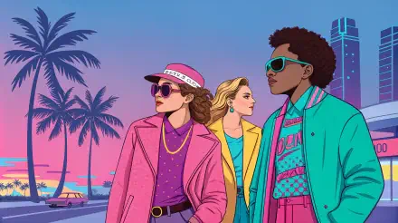 A vibrant 4K Ultra HD wallpaper featuring three stylish friends in retro attire, set against a sunset backdrop with palm trees. Perfect for a festive and fun desktop background.