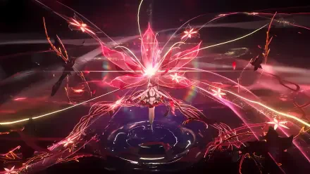 HD wallpaper from the video game Wuthering Waves featuring Camellya, surrounded by vibrant pink and red energy patterns, creating a dynamic and visually captivating scene.