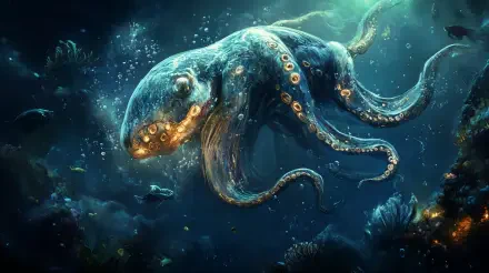 A stunning deep sea creature, featuring a luminescent octopus surrounded by bubbles and marine life, rendered in vibrant detail for a captivating 4K Ultra HD desktop wallpaper.