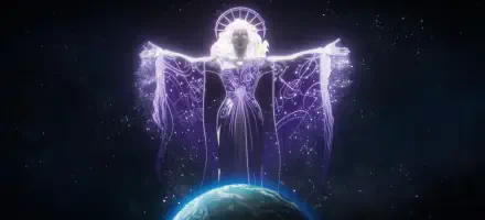 A captivating HD wallpaper from the TV show What If.... features a mystical figure with flowing robes, arms outstretched over a glowing Earth, against a starry cosmic backdrop.