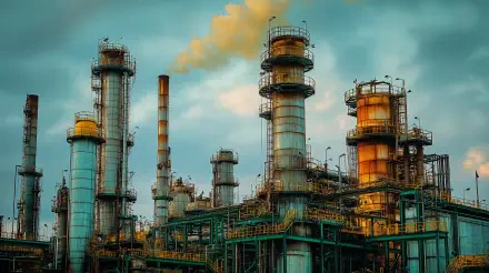 An industrial landscape featuring towering structures and smokestacks against a dramatic sky, presented as a 4K Ultra HD PC desktop wallpaper and background.