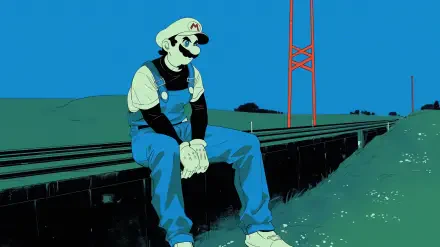 A stylized HD wallpaper featuring Mario sitting on a train track, with a vibrant blue background and a minimalistic landscape, perfect for any video game fan's desktop.