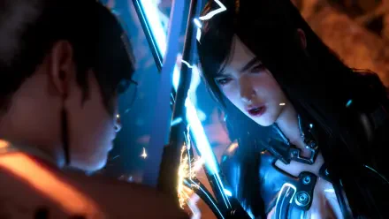 A striking 4K Ultra HD wallpaper from the video game Stellar Blade, featuring dynamic lighting and intense character expressions in a futuristic setting.