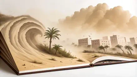 A captivating 4K Ultra HD wallpaper depicting a dramatic sandstorm, with a wave of sand approaching palm trees and buildings, blending nature and urban elements in a stunning scene.