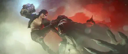 Action-packed HD wallpaper featuring characters VI and Warwick from the TV show Arcane, set in the League of Legends universe, showcasing a dynamic confrontation.