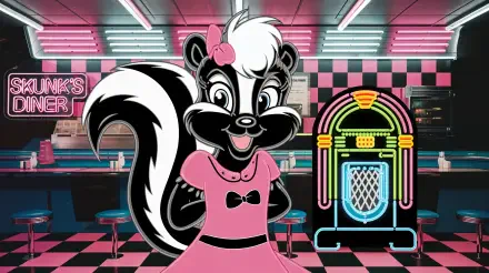A vibrant 4K Ultra HD wallpaper featuring a cartoon skunk in a pink dress, smiling in a retro diner setting with neon accents and a jukebox in the background.