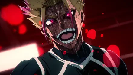 HD PC desktop wallpaper featuring Shidou Ryusei from Blue Lock with intense glowing pink eyes and a fierce expression against a dark red background.