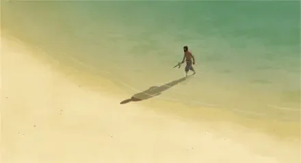 A scene from the movie The Red Turtle featuring a solitary figure walking on a vast, sunlit beach, captured in 4K Ultra HD for a PC desktop background.
