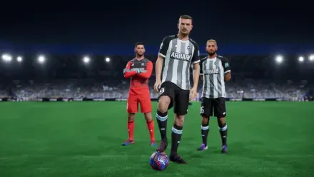 A high-definition PC desktop wallpaper featuring characters from the video game UFL, showcasing a lineup of players in a stadium under dramatic lighting.