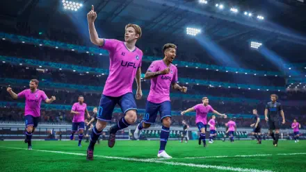 Exciting scene from the UFL video game featuring players celebrating on the pitch. The vibrant HD wallpaper showcases the thrill of football action.
