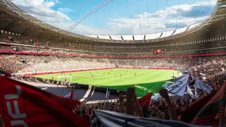 A vibrant stadium filled with cheering fans, featuring an expansive green pitch, serves as a dynamic backdrop for the video game UFL in this HD PC desktop wallpaper.