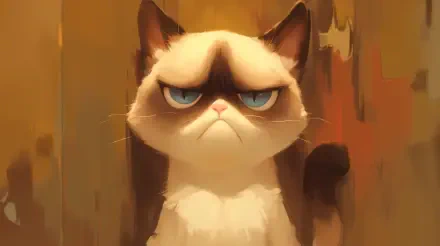 A close-up of Grumpy Cat, showcasing its signature frown and blue eyes, set against a warm, blurred background. This image serves as a vibrant 4K Ultra HD desktop wallpaper.