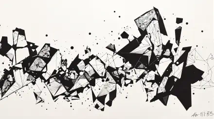 Abstract black ink artwork with geometric shapes and lines, creating a dynamic and intricate design. Ideal for a 4K Ultra HD PC desktop wallpaper or background.