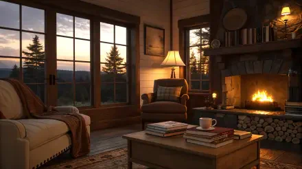 Cozy evening scene featuring a warm fireplace, comfortable armchair, and a view of trees at sunset, presented as a 4K Ultra HD desktop wallpaper.