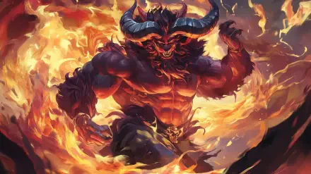 An imposing Ifrit creature emerges from vibrant flames, showcasing its muscular form and powerful presence, ideal for an HD PC desktop wallpaper or background.