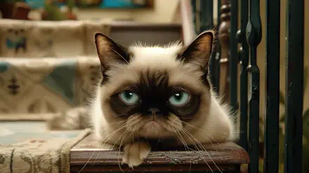 A grumpy cat rests its chin on a wooden step, showcasing its signature frown and striking blue eyes, set against a cozy interior background. A captivating 4K Ultra HD wallpaper.