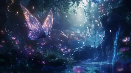 A glowing butterfly floats through a magical forest bathed in soft, ethereal light, creating a fairycore fantasy scene in 4K Ultra HD.