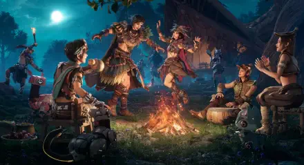 A vibrant HD desktop wallpaper from the video game Light of Motiram, featuring characters dancing around a lively bonfire under a full moon in a captivating night scene.