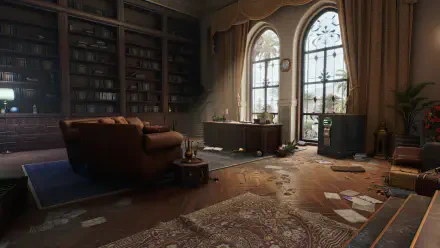 A detailed HD PC desktop wallpaper featuring a cozy room with a bookshelf, an armchair, and large windows, all ambiently lit, inspired by the video game Delta Force.