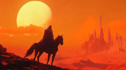 A space knight atop a horse gazes at a large sun setting over a vibrant, alien landscape, evoking a stunning sci-fi experience in this 4K Ultra HD desktop wallpaper.