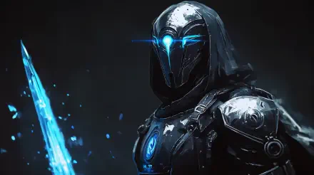 A striking sci-fi psionic warrior stands poised with a glowing blue sword, cloaked in dark armor. This 4K Ultra HD image captures a fierce and futuristic atmosphere.