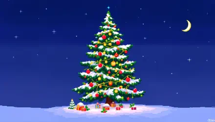 4K Ultra HD PC desktop wallpaper featuring a brightly decorated Christmas tree with snow, gifts underneath, set against a starry night sky with a crescent moon.