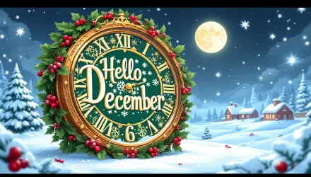 A festive 4K Ultra HD desktop wallpaper featuring a clock adorned with holly, announcing Hello December against a snowy landscape and full moon backdrop.