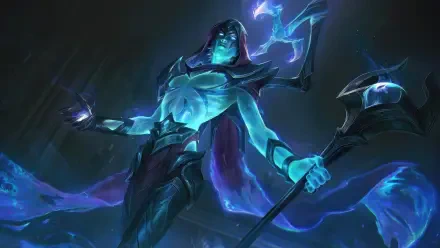 A striking 4K Ultra HD wallpaper featuring Viktor from League of Legends, showcasing his dark, arcane presence with glowing blue energy and a dramatic, ethereal background.