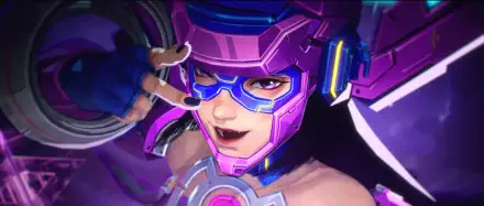 A vibrant HD wallpaper featuring Galacta from Marvel Comics, showcasing her bold pink armor and playful pose in a dynamic video game setting.