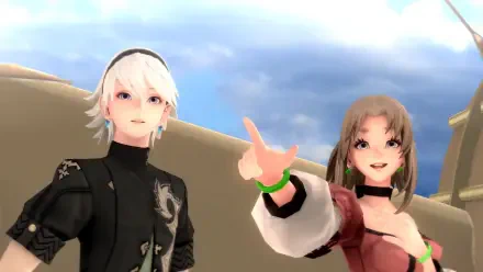 Two characters from the video game FANTASIAN Neo Dimension pose against a bright sky. The white-haired character looks inquisitive, while the other points excitedly, showcasing a vibrant scene.
