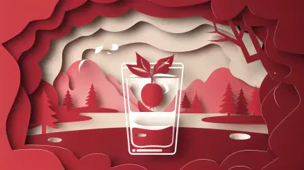 A vibrant 4K Ultra HD wallpaper featuring a paper-cut style landscape in shades of red, with a glass of juice decorated with leaves and a cherry, surrounded by stylized mountains and trees.