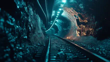 An HD desktop wallpaper featuring a dimly lit railroad tunnel with glowing lights, rocky walls, and tracks leading into the distance, creating a mysterious and immersive atmosphere.