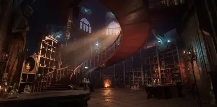 A stunning HD wallpaper from the video game Dragon Age: The Veilguard, featuring an ornate staircase and atmospheric lighting in a beautifully detailed library setting.
