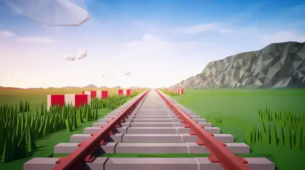 A serene view of train tracks stretching into the distance, surrounded by lush greenery and mountains, designed as a 4K Ultra HD PC desktop wallpaper.