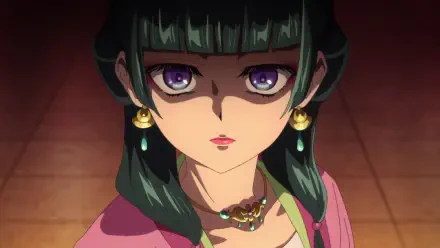 HD PC desktop wallpaper featuring Maomao from The Apothecary Diaries, showcasing her intense gaze and detailed jewelry in a dimly lit setting.