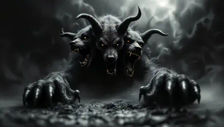 A menacing depiction of Cerberus, the three-headed dog, emerging from a dark, smoky background. This striking image serves as a vivid 4K Ultra HD PC desktop wallpaper.