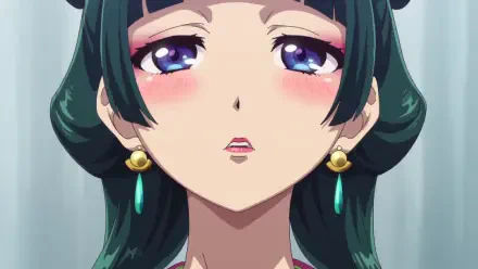 HD PC desktop wallpaper featuring Maomao from The Apothecary Diaries with detailed facial expression and elegant earrings in a close-up view.