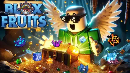 A vibrant HD wallpaper from the video game Blox Fruits on Roblox, featuring a character with wings celebrating treasures amidst colorful gems and chests.