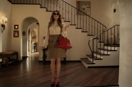 A stylish scene from the TV show No Good Deed (2024) featuring Linda Cardellini. She stands confidently in a chic outfit, holding a red handbag in a spacious foyer.