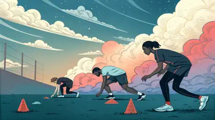 A vibrant 4K Ultra HD wallpaper featuring athletes training on a field, focusing on their movements around orange cones under a dramatic sky with colorful clouds.
