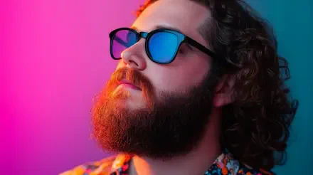 A hipster man with curly hair and a thick beard gazes upward, wearing stylish sunglasses, against a vibrant pink and blue background. This image serves as a 4K Ultra HD desktop wallpaper.