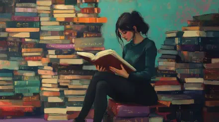 A woman reading a book sits amidst a towering stack of books in this vibrant 4K Ultra HD desktop wallpaper. The cozy atmosphere evokes a love for literature.