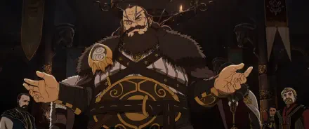 Anime-style depiction of a Viking warrior from The Lord of the Rings: The War of the Rohirrim, featuring detailed armor and a dark, dramatic background.